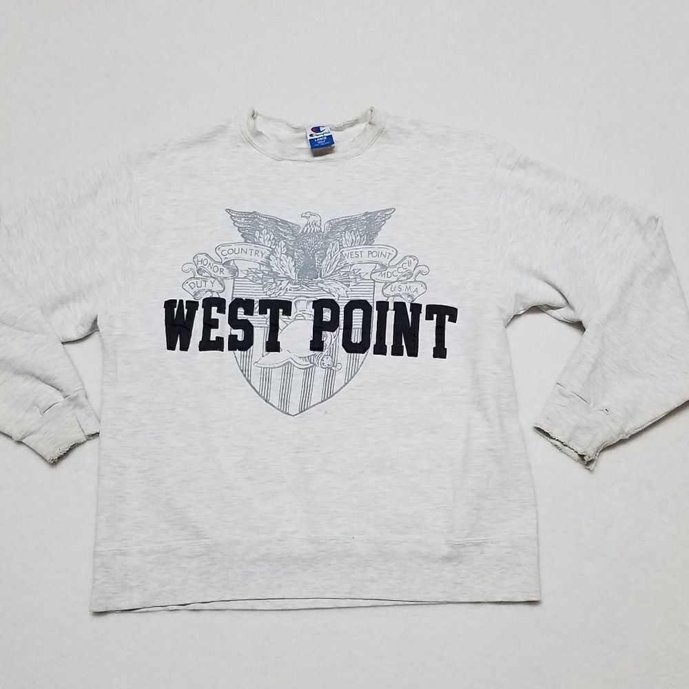 VINTAGE Champion West Point Gray Heathered Distressed Spell Out Sweatshirt Large